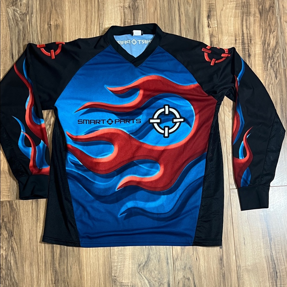 vintage Smart Parts Paintball Jersey Featuring a Flame design Blue, Red, Black L